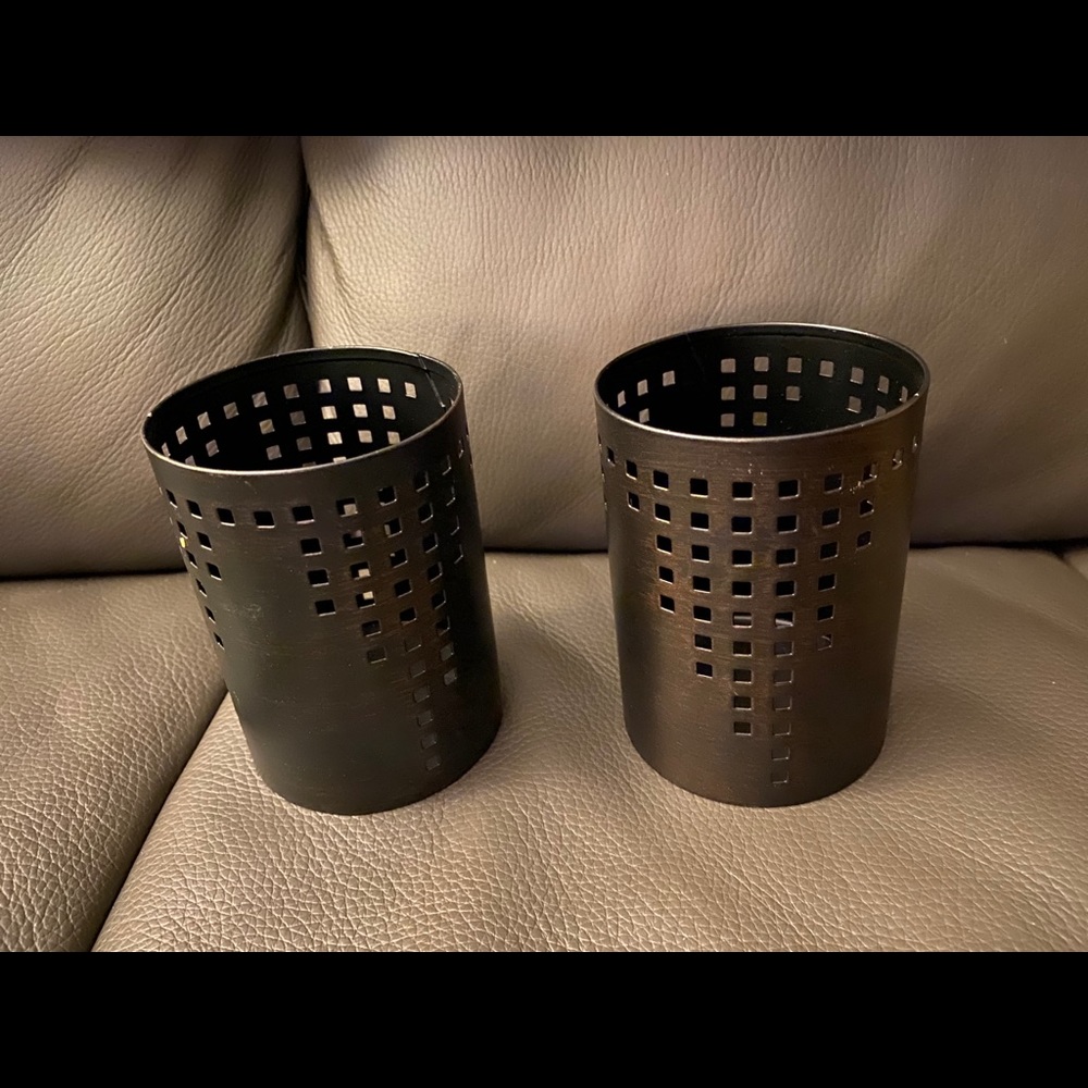 Pair of metal candle holders/pencil cans